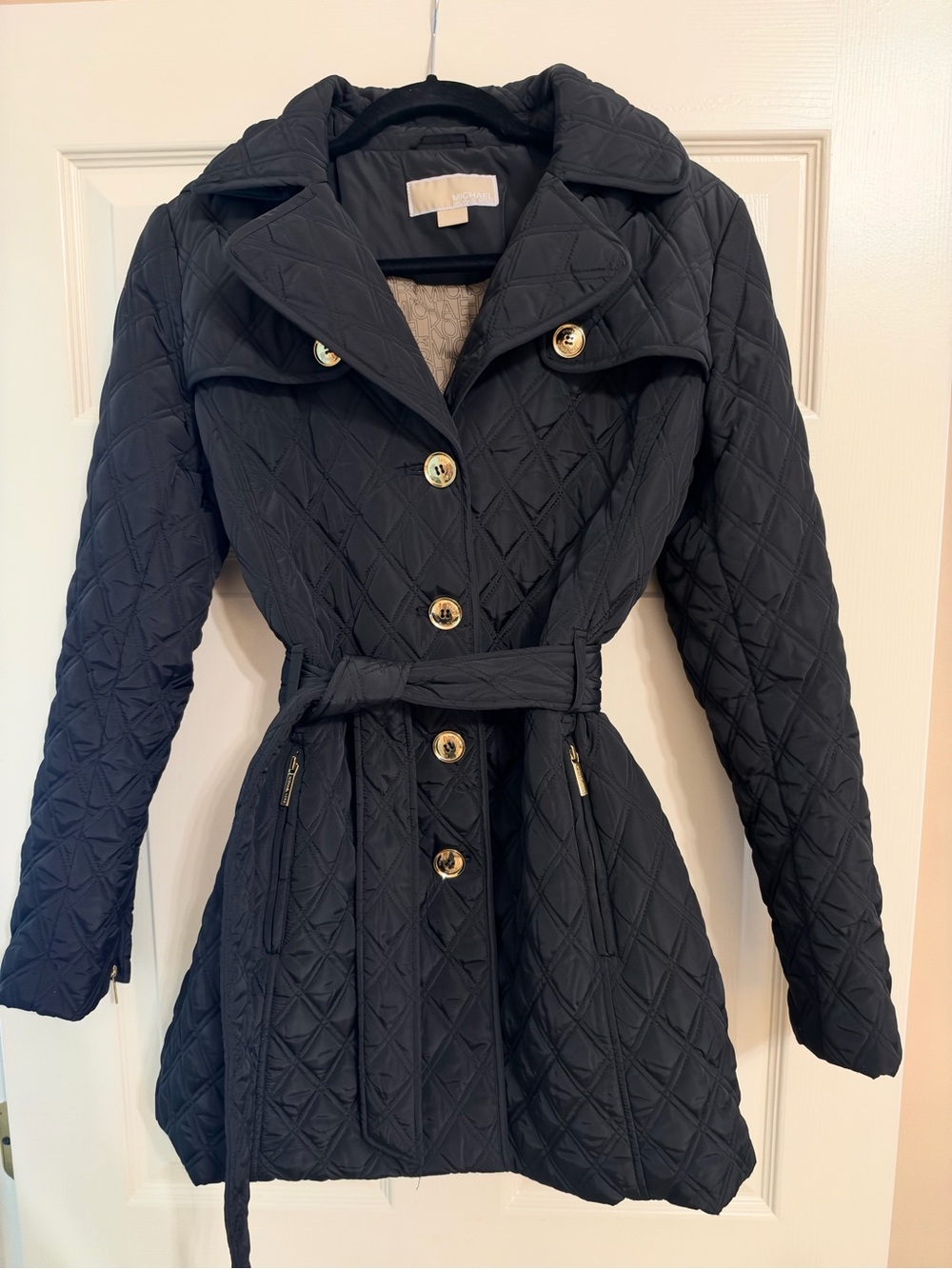 Michael Kors Black Quilted Trench Coat with Gold Buttons